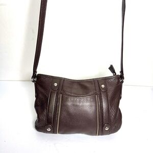Brown Pebbled Genuine Leather Crossbody Bag Women's Zipper Accent Pockets